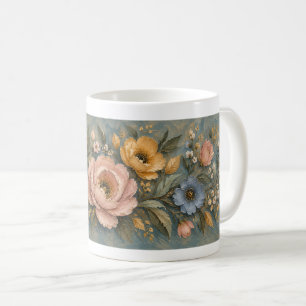 Caneca De Café Azul Vintage Floral Botânico Rosa