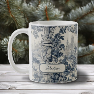 Caneca De Café Azul Vintage Floral Toile de Jouy Monograma
