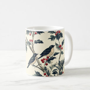 Caneca De Café Azul Vintage Holly Natal Creme Vermelho