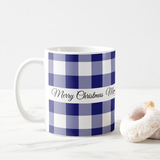 Caneca De Café Azul Xadrez Rústico Feliz Natal  (Com Donut)