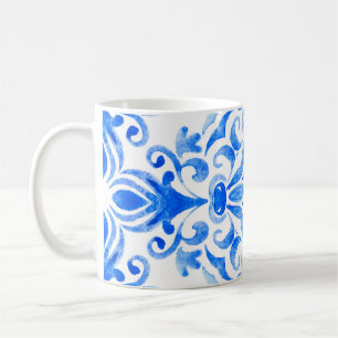 Caneca De Café azulejo azul-abstrato e branco desenhado à mão sem