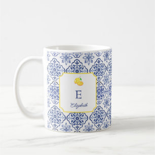 Caneca De Café Azulejo Azul de Monograma de Limão Italiano Medite