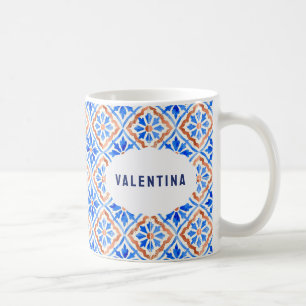 Caneca De Café Azulejo Azul Italiano Padrão Elegante Nome Persona