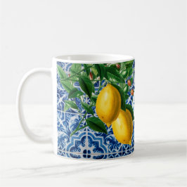 Caneca De Café Azulejo Branco Azul, Limões, Monograma