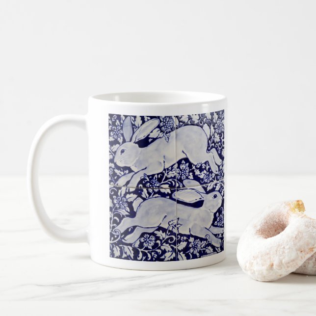 Caneca De Café Azulejo de Leitura Duo Duo do Coelho Azul e Branco (Com Donut)