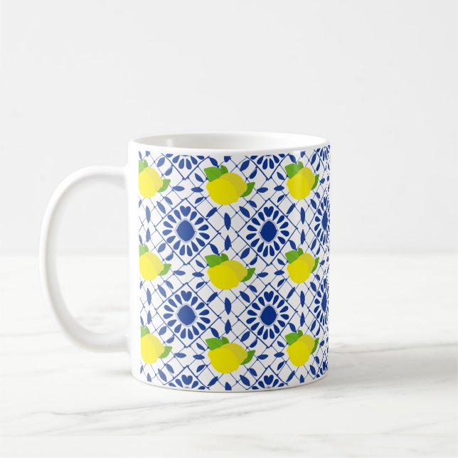 Caneca De Café Azulejo de Limão Geométrico Azul (Esquerda)