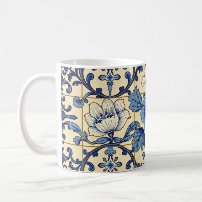 Caneca De Café Azulejo Decorativo Azul E Branco (Esquerda)