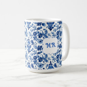 Caneca De Café Azulejo Floral Azul Português Vintage