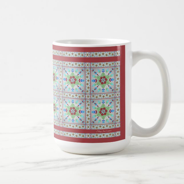 Caneca De Café Azulejo Floral Colorido, Mug (Vermelho) (Direita)