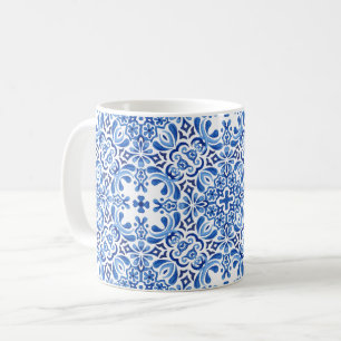 Caneca De Café Azulejo mediterrânico do Watercolor Blues em branc