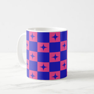 Caneca De Café Azulejo Xadrez Azul e Rosa com Padrão de Brilhos
