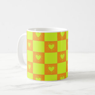 Caneca De Café Azulejo Xadrez Laranja Verde Brilhante Com Coraçõe