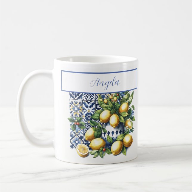 Caneca De Café Azulejos azuis e limões italianos | seu nome (Esquerda)