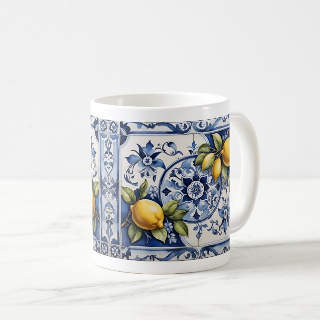Caneca De Café Azulejos brancos e limões azuis Amalfi italianos (Frente Esquerda)