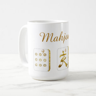 Caneca De Café Azulejos Dourados de Mahjong brancos