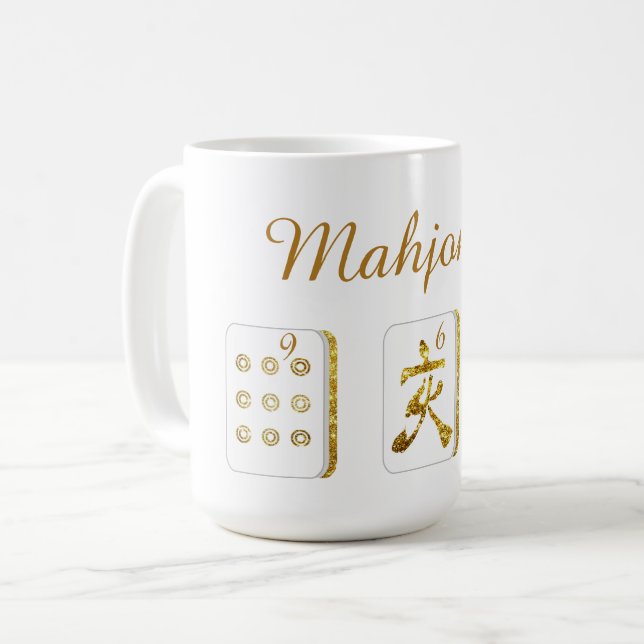 Caneca De Café Azulejos Dourados de Mahjong brancos (Frente Esquerda)