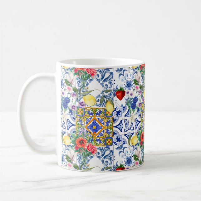 Caneca De Café Azulejos mediterrânicos, limão, flores, majolica,  (Esquerda)