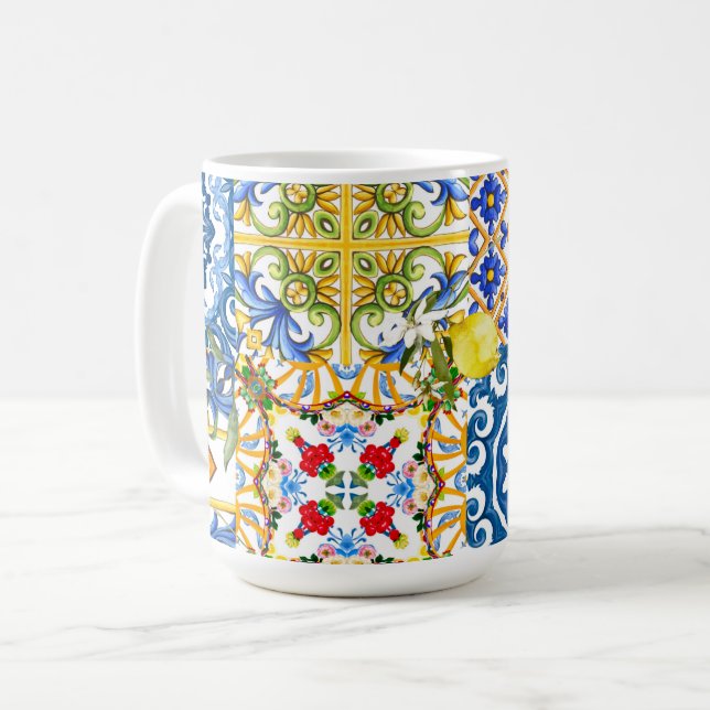 Caneca De Café Azulejos mediterrânicos, majolica, estilo Sicilian (Frente Esquerda)