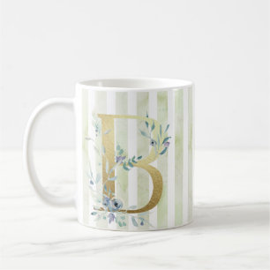 Caneca De Café B inicial dourada em faixas azuis e brancas