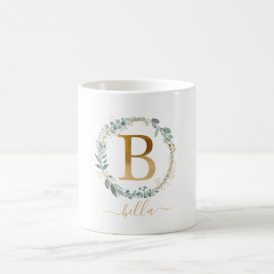 Caneca De Café B monograma, coroa de folhas específicas do clien