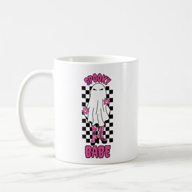 Caneca De Café "Babe Louco" Mulher Fantasma de Halloween - Rosa R (Esquerda)
