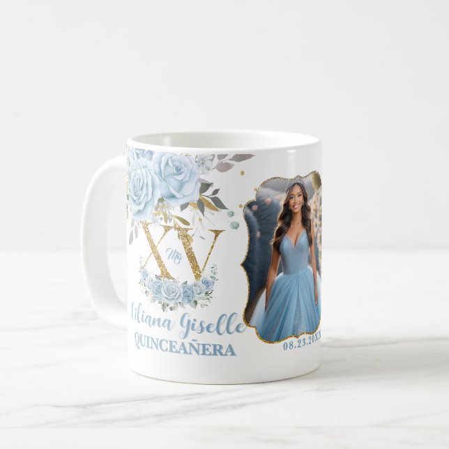 Caneca De Café Baby Blue Floral XV QUINCEAÑERA Quince 15 Foto (Frente Esquerda)
