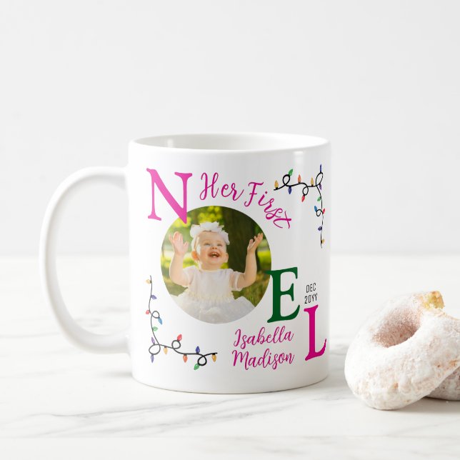 Caneca De Café Baby Girl First Christmas Pink First Noel Photo (Com Donut)