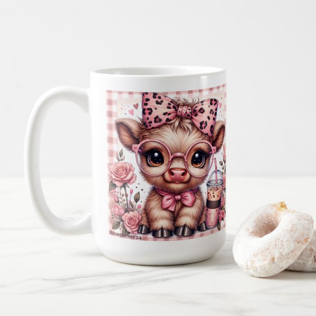 Caneca De Café Baby Highland Cow Coquette Leopardo Arco Licenciad (Com Donut)