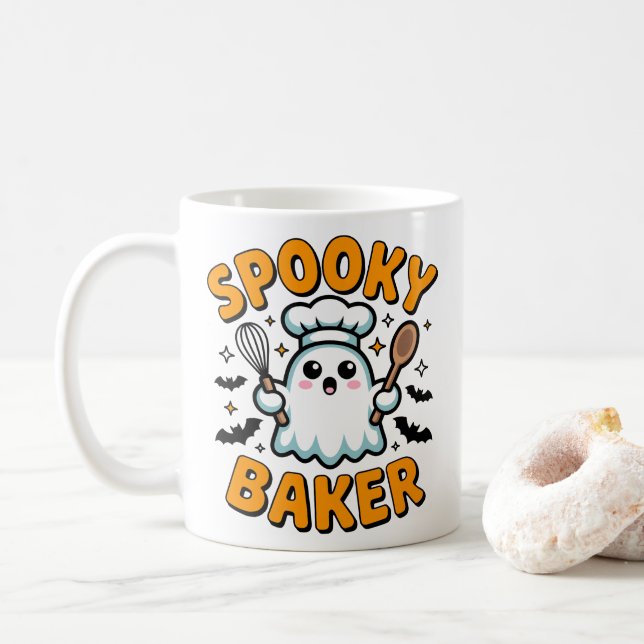 Caneca De Café Baker Spooky - Banheira Ghost Cute Halloween (Com Donut)