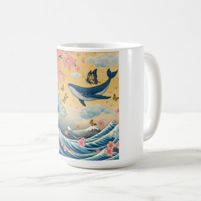 Caneca De Café Baleia Celestial entre Cerejeiras – Arte IA (Frente Esquerda)