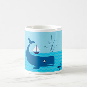 Caneca De Café Baleia Náutica e Barco à Vela Oceano Mar Azul