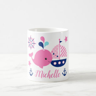 Caneca De Café Baleia Rosa Náutica Fofa, Barco & Âncora