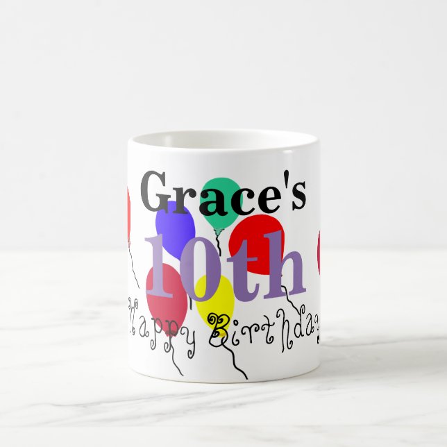 Caneca De Café Balões de Aniversário de 10 anos Roxo Nome e IDADE (Centro)