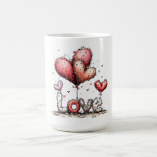 Caneca De Café Balões de Corações Florais com a palavra LOVE
