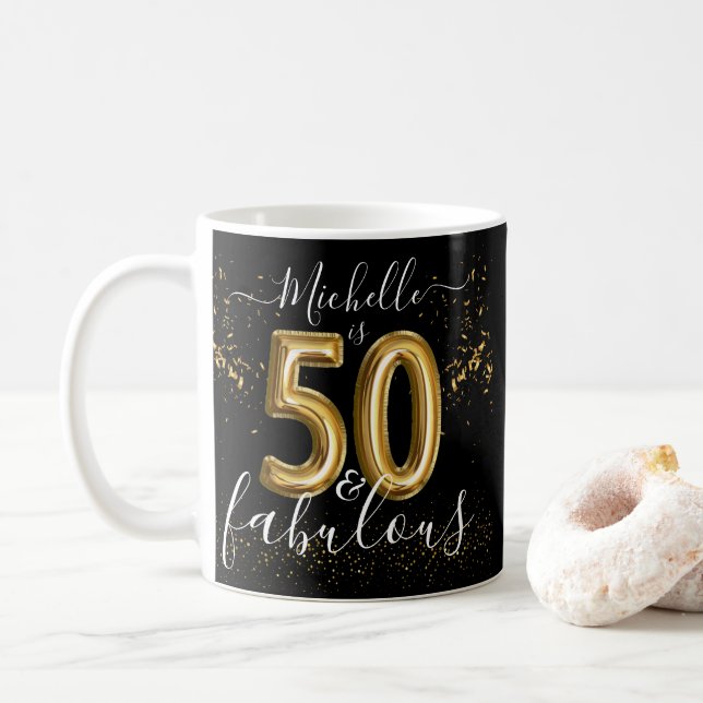 Caneca De Café Balões Dourados de 50º aniversário fabuloso e pret (Com Donut)
