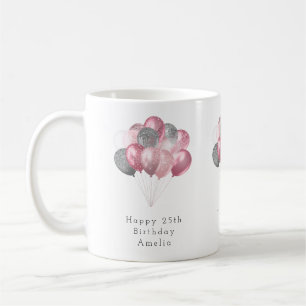 Caneca De Café Balões Glitter Rosa e Prata Feliz Aniversário