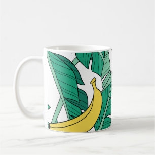 Caneca De Café Banana Leaves: Padrão Vintage Branco.
