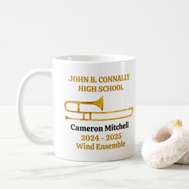 Caneca De Café Banda de Segundo grau Trombone Dourada Personaliza (Com Donut)