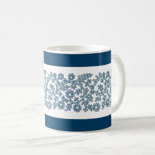 Caneca De Café Banda Floral, Mug Azul De Café