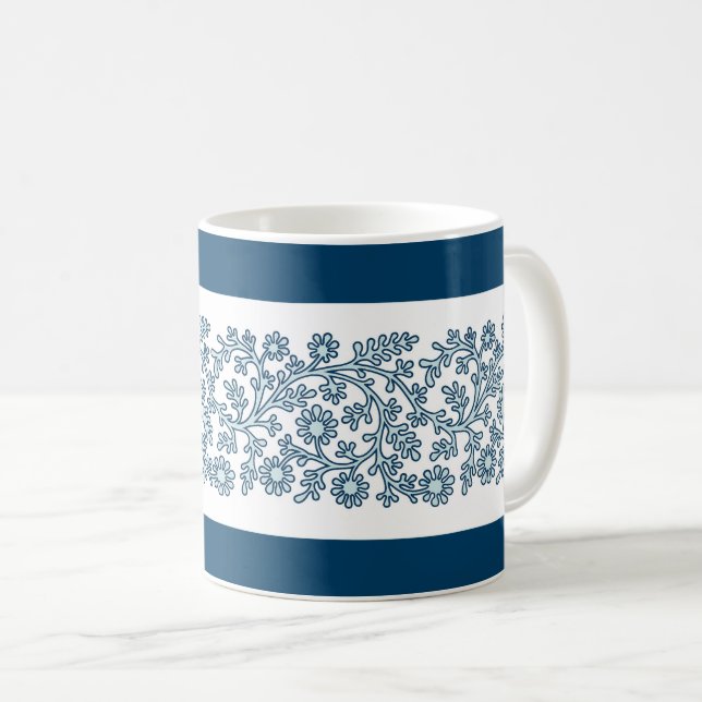 Caneca De Café Banda Floral, Mug Azul De Café (Frente Esquerda)