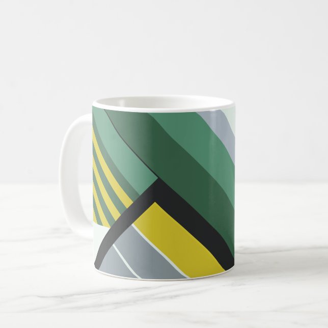 Caneca De Café Bandas Diagonais Modernas em Verde, Amarelo e Cinz (Frente Esquerda)