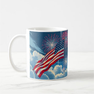 Caneca De Café Bandeira Americana Patriótica com Fireworks - 4 de