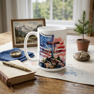Caneca De Café Bandeira e cruz "Deus Abençoe a América"