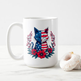 Caneca De Café Bandeira Gato-Americana e Flores Vermelhas Patriót