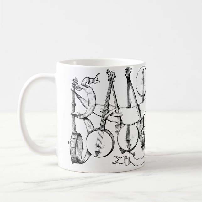 Caneca De Café banjo escrito com arte de ilustração de banjos (Esquerda)