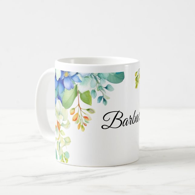 Caneca De Café Barbara texto decorado com flores da primavera (Frente Esquerda)