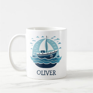 Caneca De Café Barco à Vela Azul Fofo no Mar Personalizado