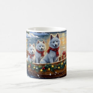 Caneca De Café Barco de Natal do Samoyed Branco Férias