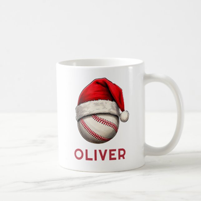 Caneca De Café Baseball Ball Red Santa Hat Name Christmas  (Direita)