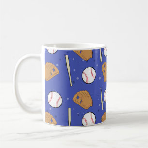 Caneca De Café Baseball - Luvas, bolas e morcegos em fundo azul